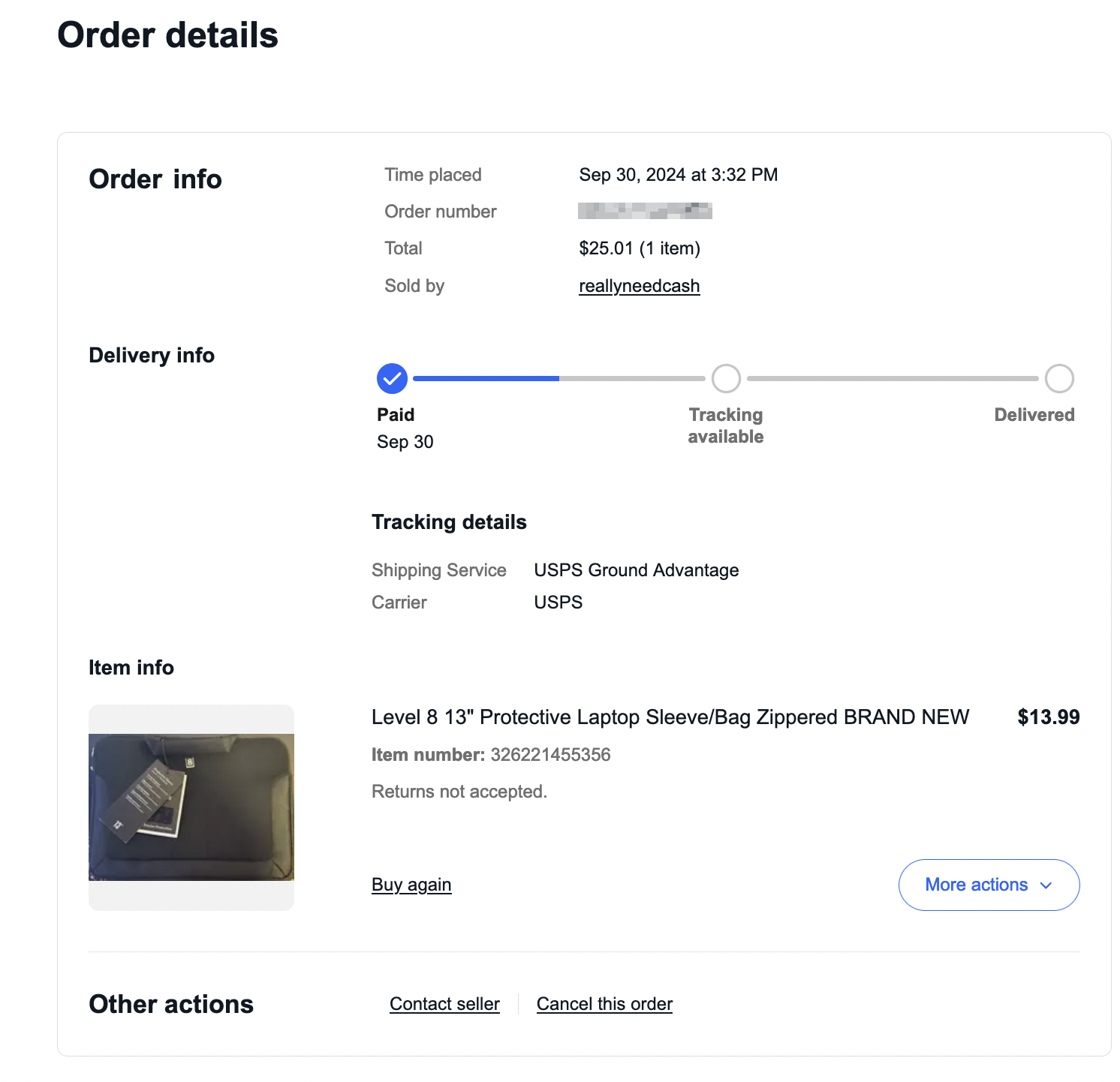 screenshot of eBay reciept, showing order details of Level8 13" laptop bag, for 