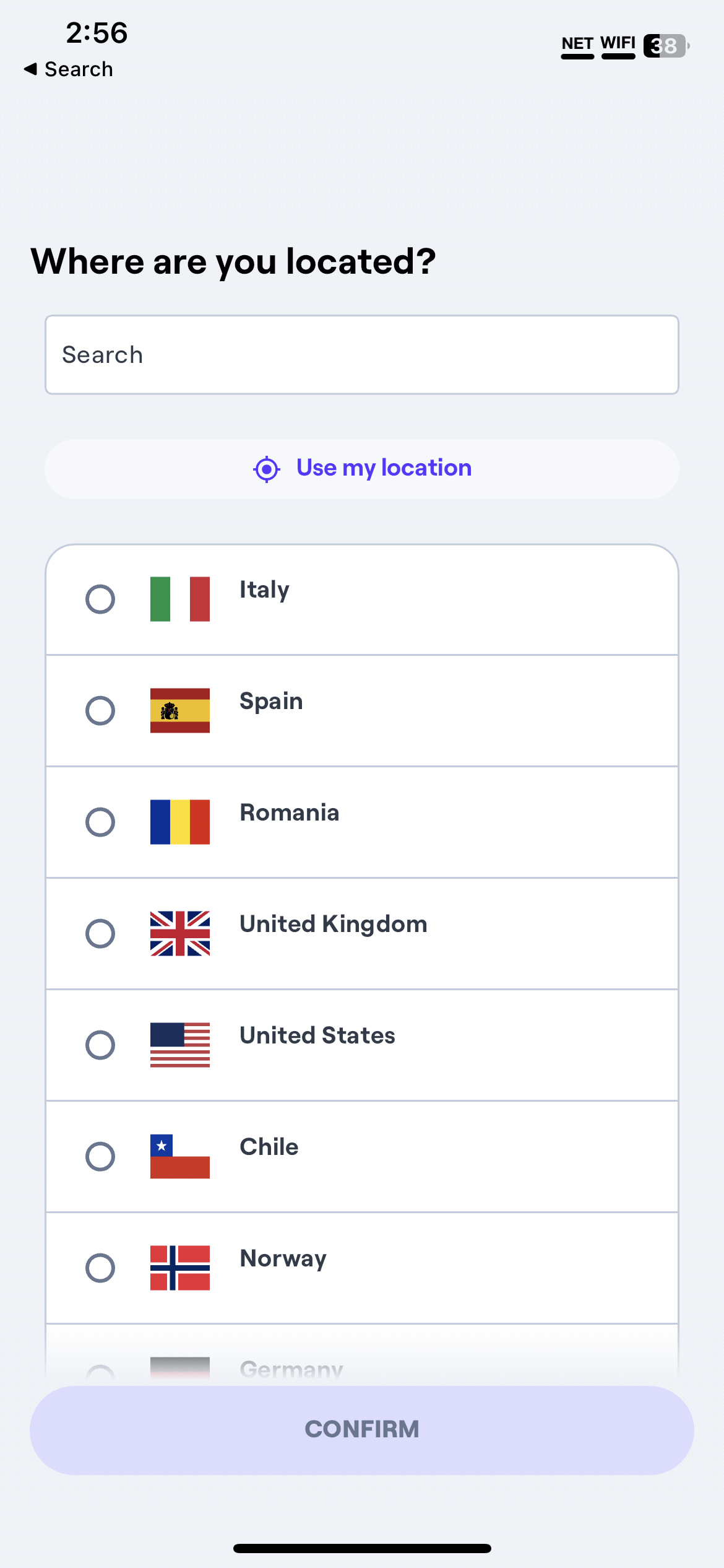 screenshot of Enel X app, showing country selection screen