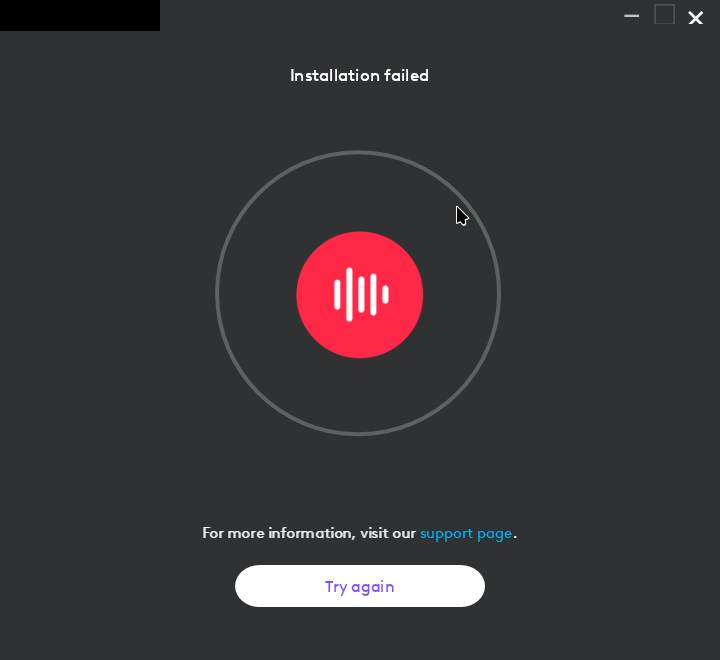 screenshot of Logitech Tune, installation failed screen