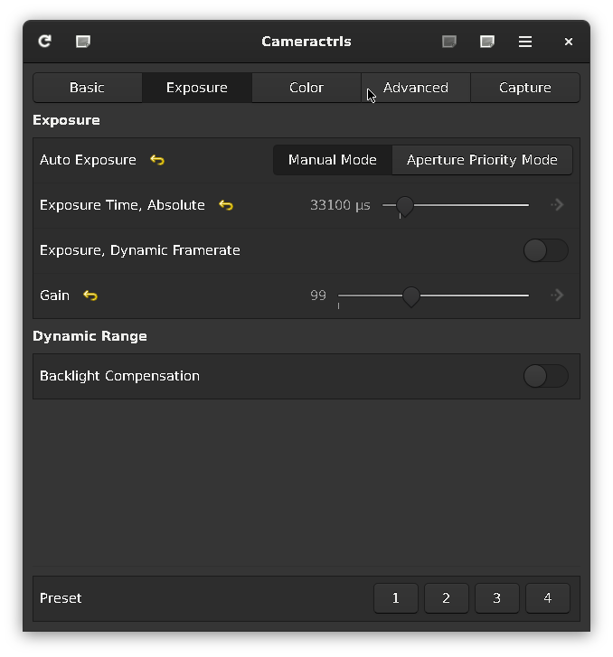 screenshot of cameractrls exposure tab, with auto-exposure set to manual and exposure time set to 33100microseconds. Gain set to 100. All other settings default.