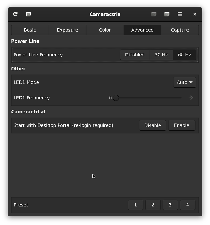 screenshot of cameractrls advanced tab. LED1 Mode set to Auto, LED1 Frequency set to 0