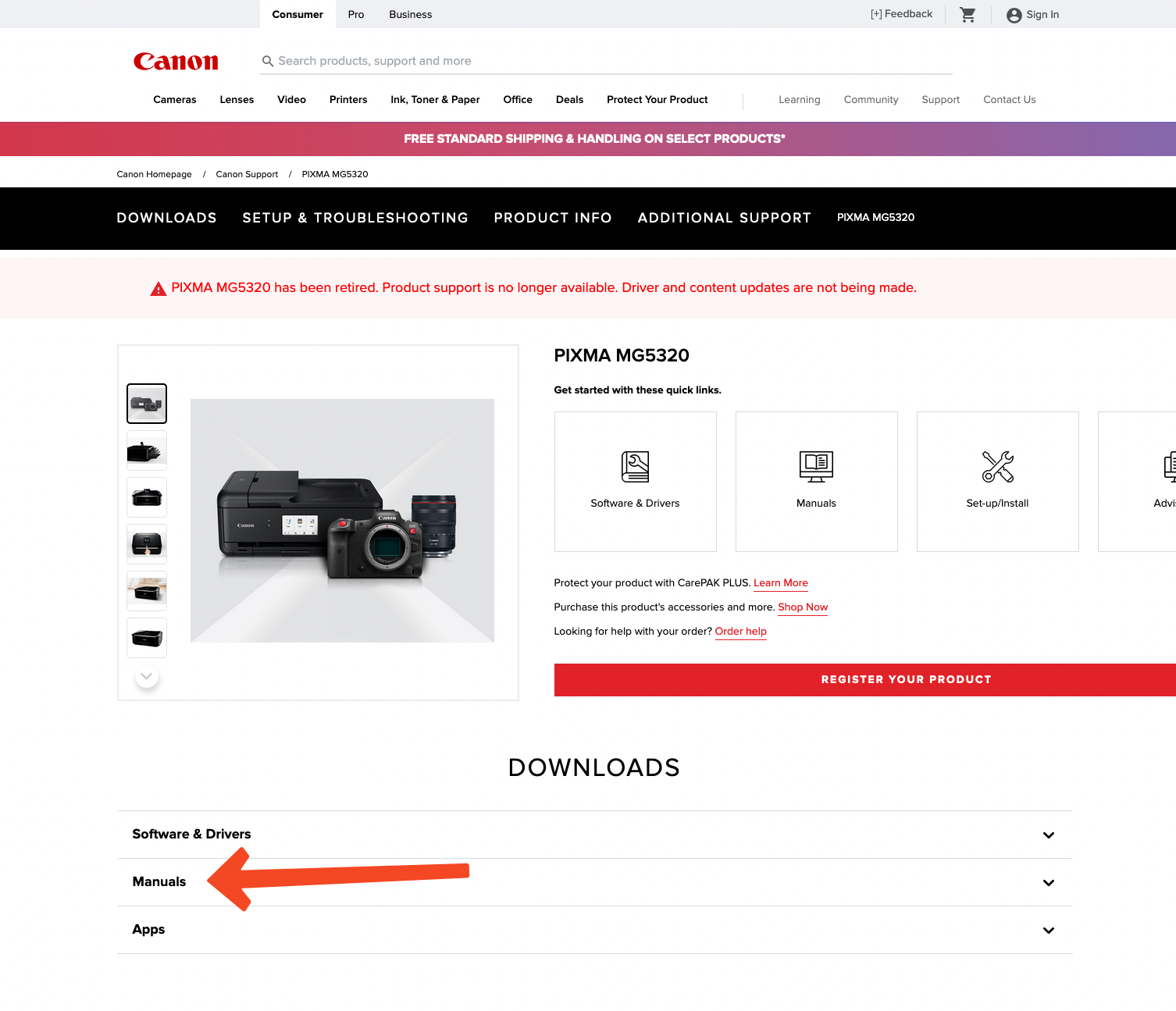 screenshot of canon support page for PIXMA MG5320