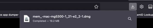 screenshot of firefox downlaods section, showing mem_-mac-mg5300-1_21-e2_2-1.dmg