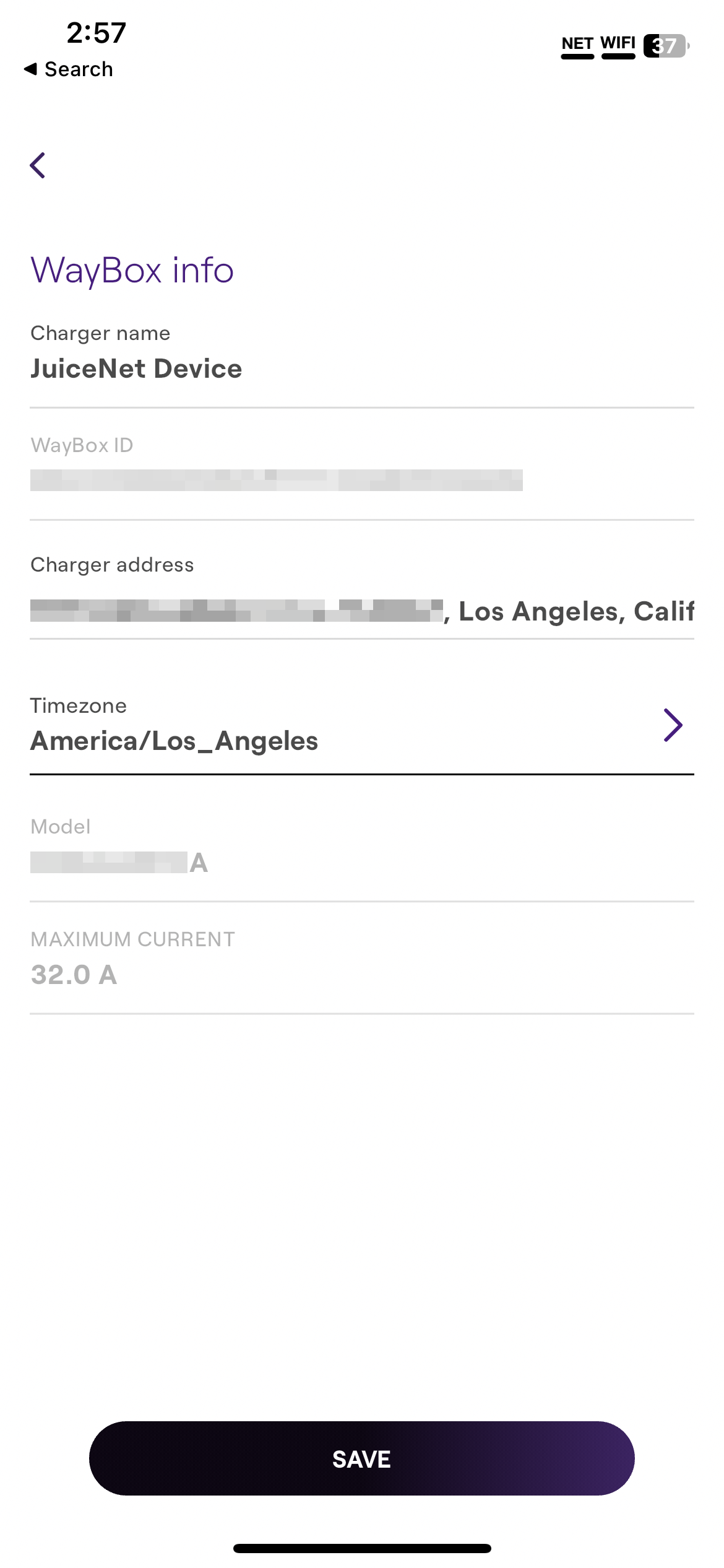 screenshot of Enel X app, WayBox Info screen, Charger Address is blurred but present. City and State visible as Los Angeles and California