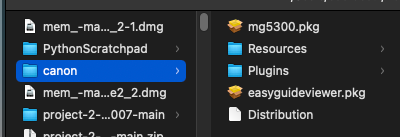 screenshot of folder "canon". contains "mg5300.pkg, Resources folder, Plugins folder, easyguideviewer.pkg, and Distribution file"