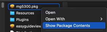 screenshot of right-click menu of mg5300.pkg