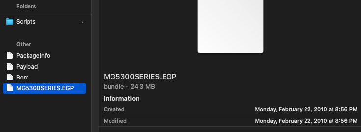 screenshot of Finder, showing properies of MG5300SERIES.EGP
