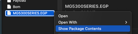 screenshot of right-click menu of MG5300SERIES.EGP, showing "Show Package Contents"