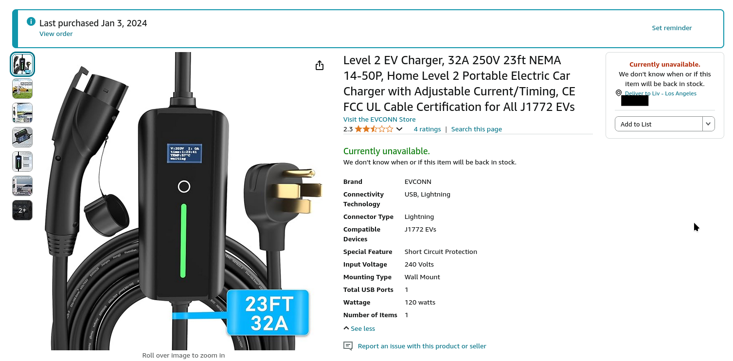 screenshot of amazon listing for EV charger