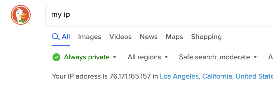 screenshot of DuckDuckGo, "Your IP address is 76.171.165.157 in Los Angeles, California"