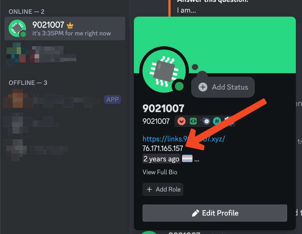 screenshot of discord profile, with orange arrow pointing to a line in the about me section, specifically the text "76.171.165.157".