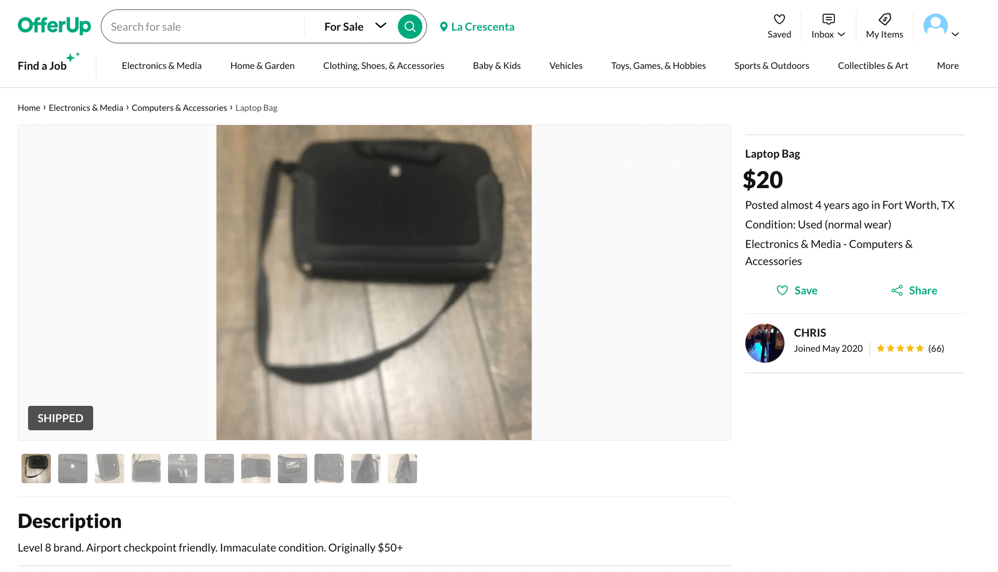 Screenshot of Offerup, listing for "laptop bag", posted almost 4 years ago, blurry item photo.