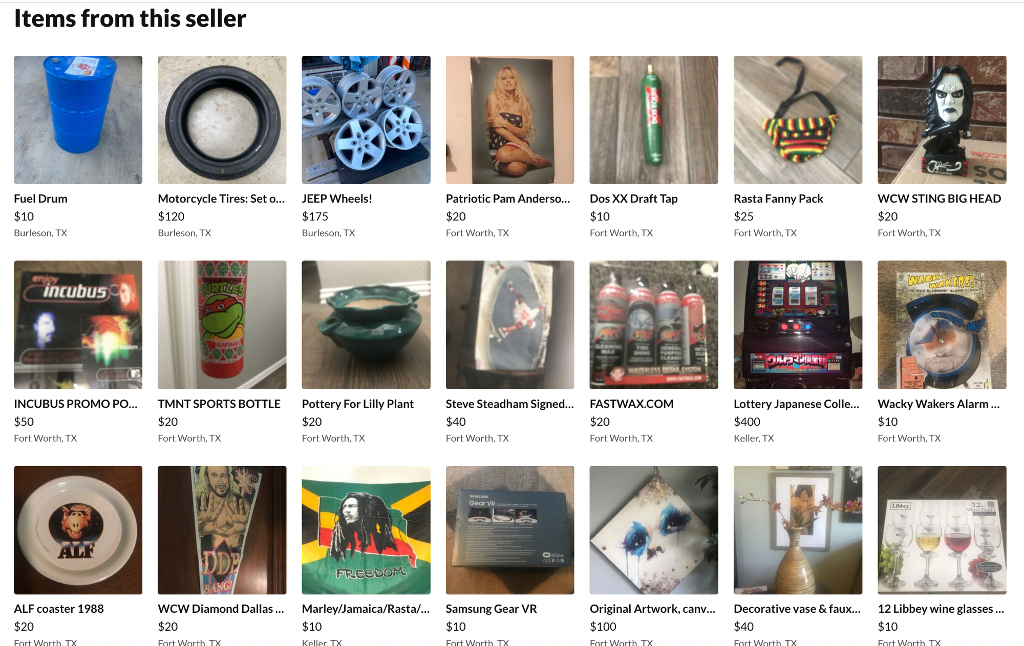 screenshot of seller's page, various items