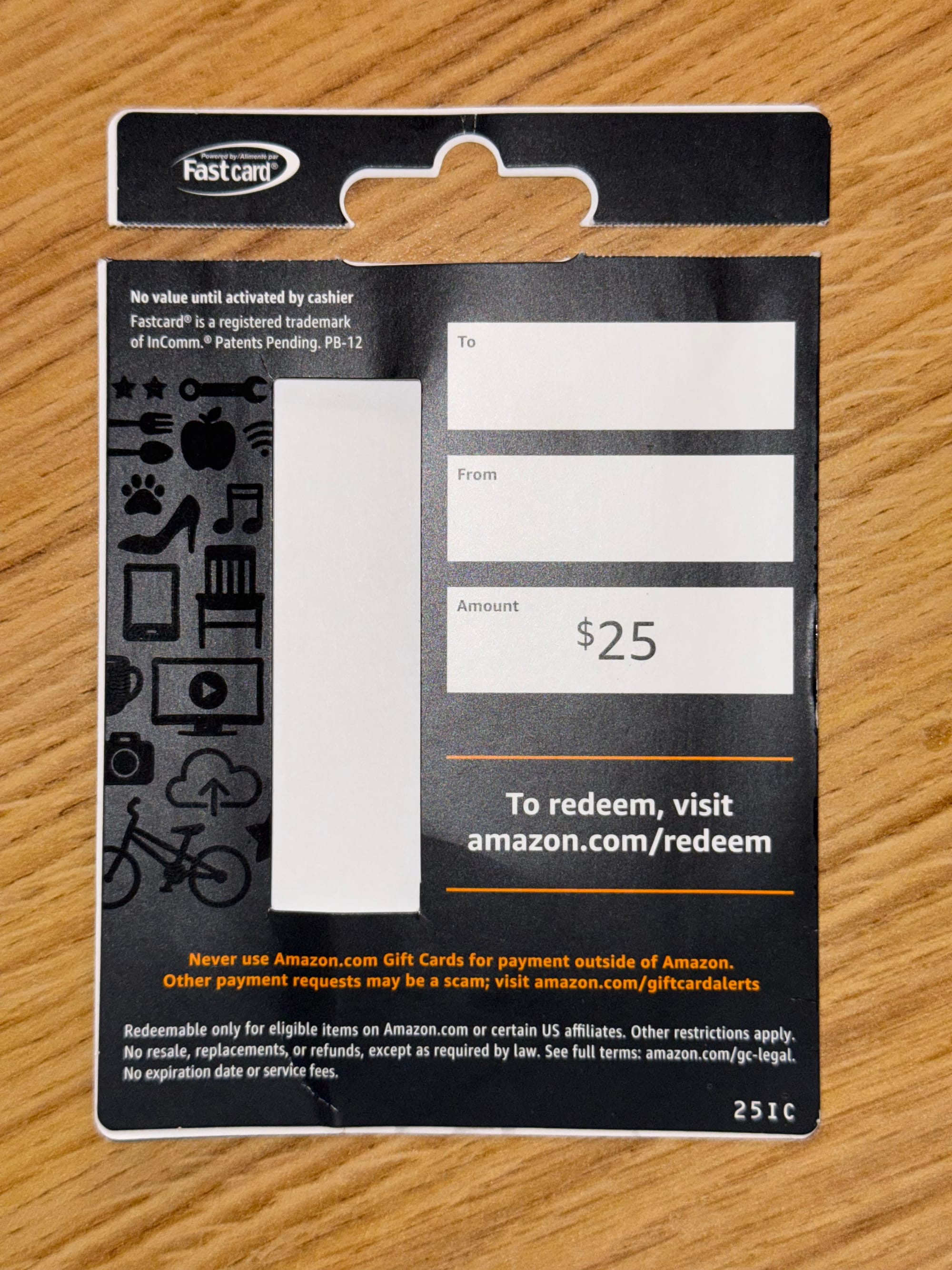 photo of back of retail packaging of gift card, amount listed as $25. Upper left corner says "Powered by Fastcard"