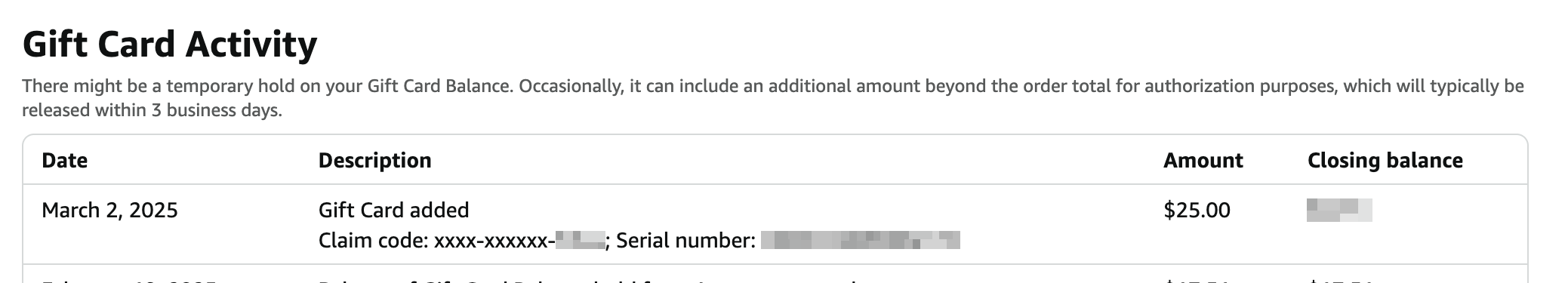 screenshot of amazon.com gift card activity page, showing a $25 gift card added.