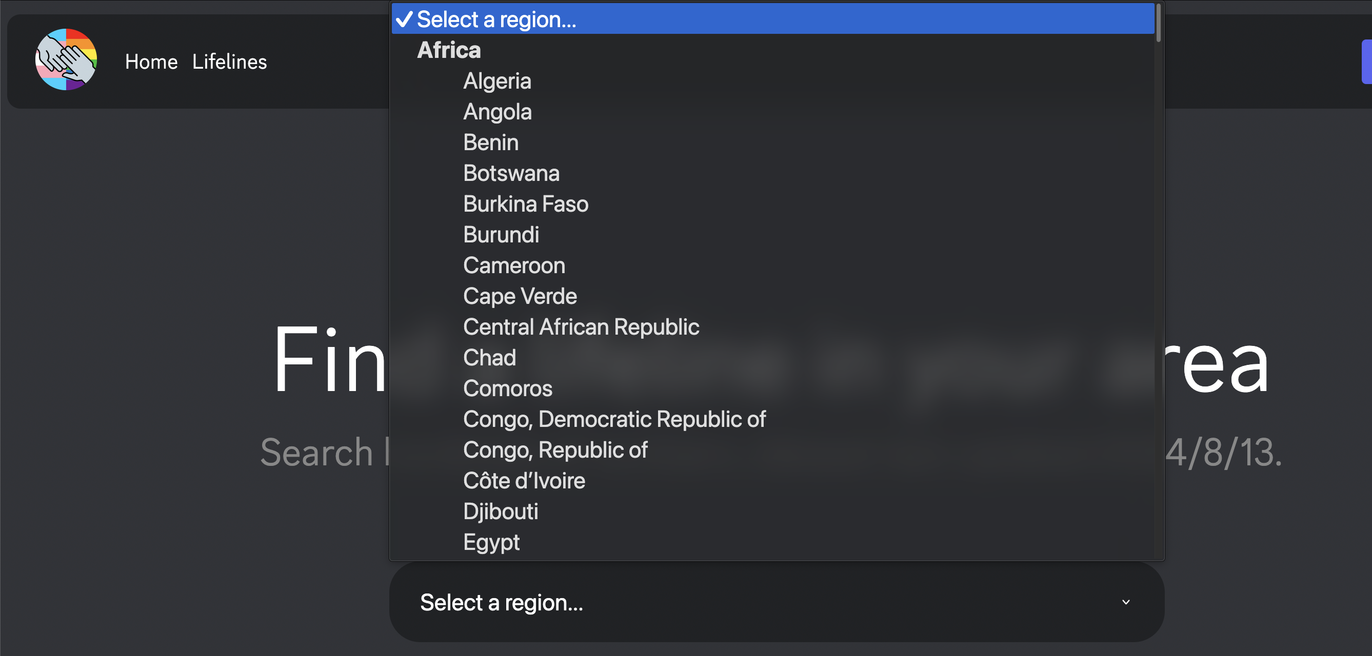 screenshot of Suicide Prevention Bot lifelines dropdown menu, with various african countries under the "Africa" category