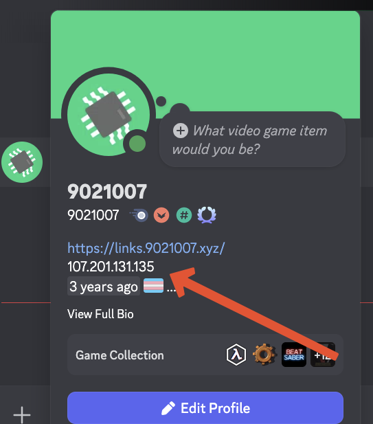 screenshot of discord profile, with orange arrow pointing to a line in the about me section, specifically the text "107.201.131.135".