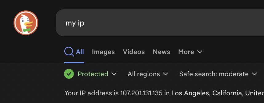 screenshot of DuckDuckGo, "Your IP address is 107.201.131.135 in Los Angeles, California"