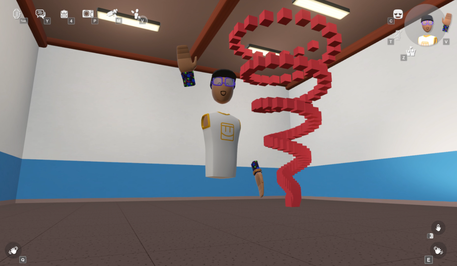 gribbly in front of a spiral of red cubes