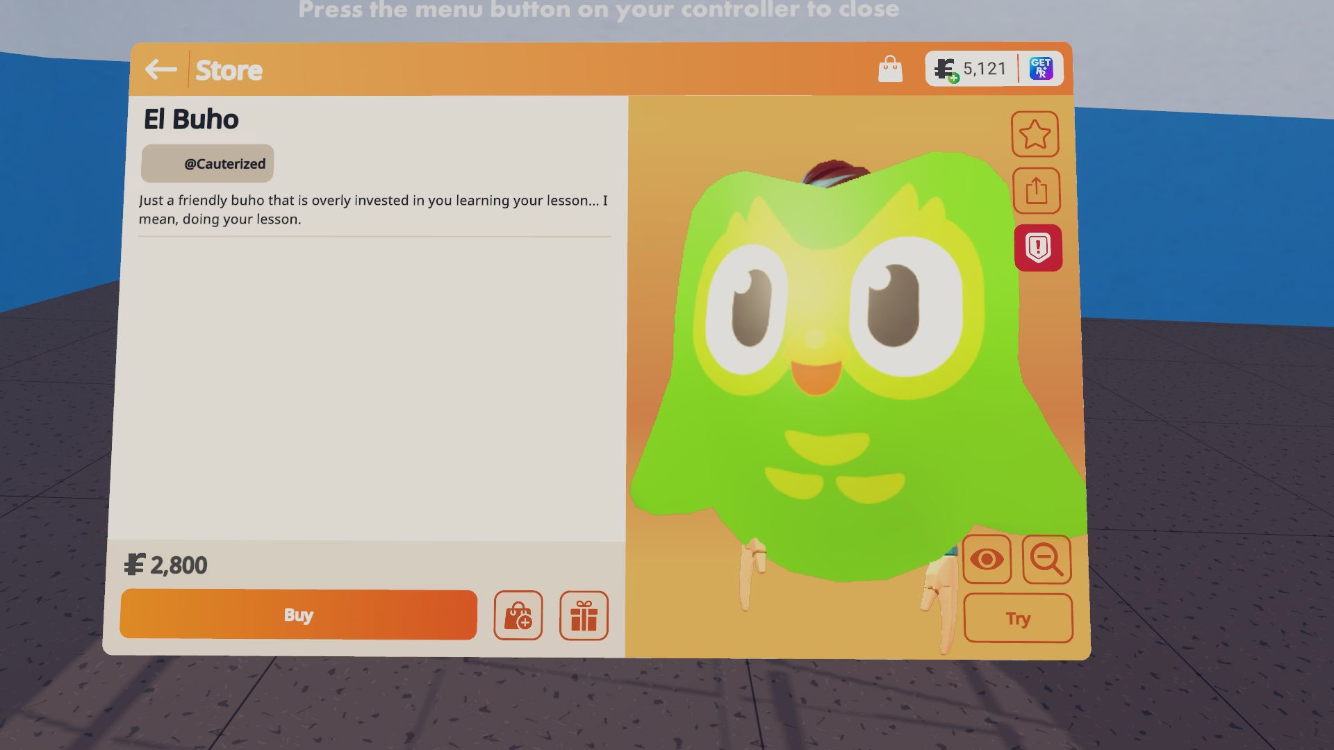 duolingo owl UGC cosmetic item, available now for 2800 tokens