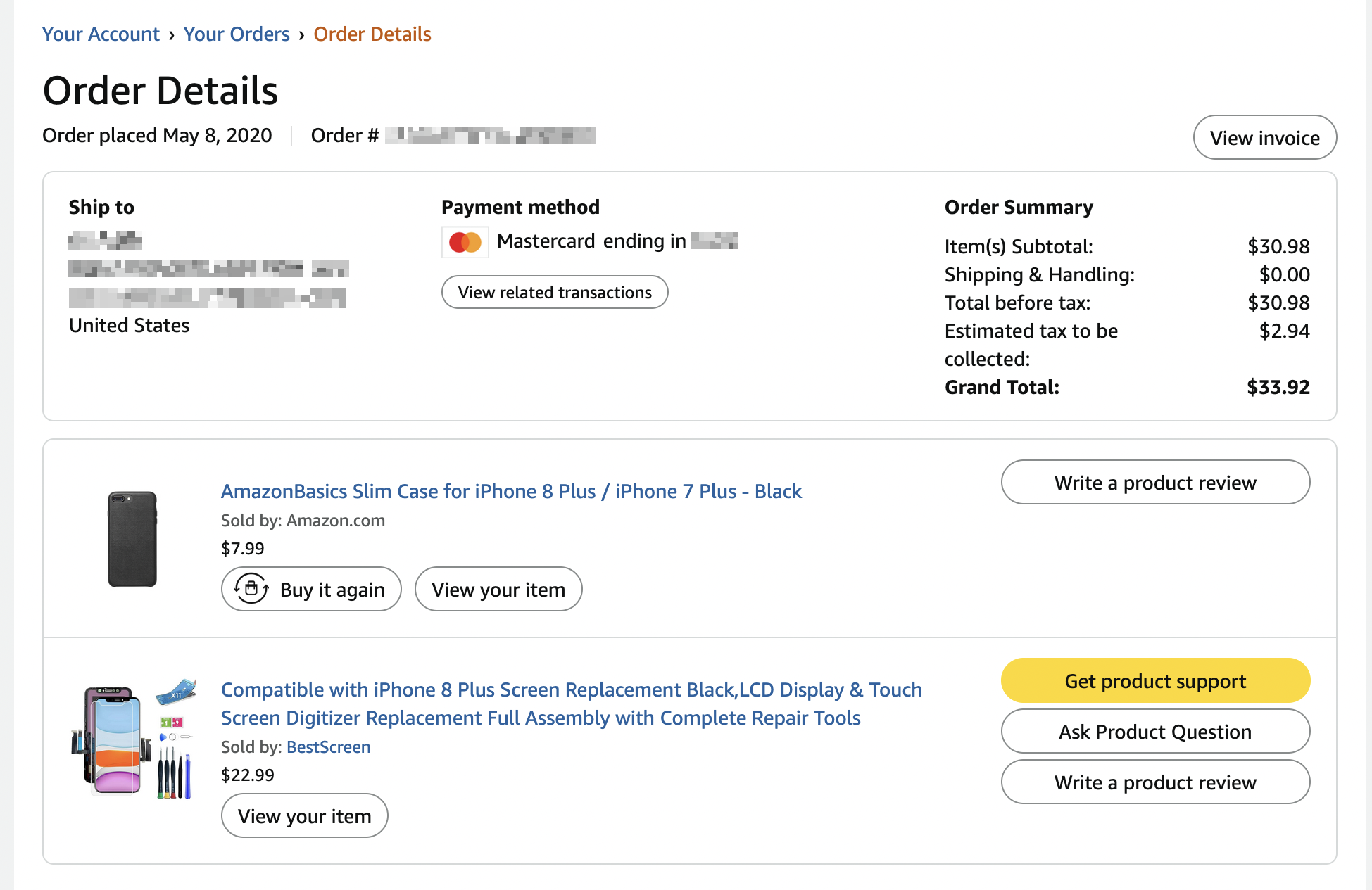 screenshot of amazon order detials, order placed may 8, 2020, of an iphone 8 plus replacement screen, and a case.