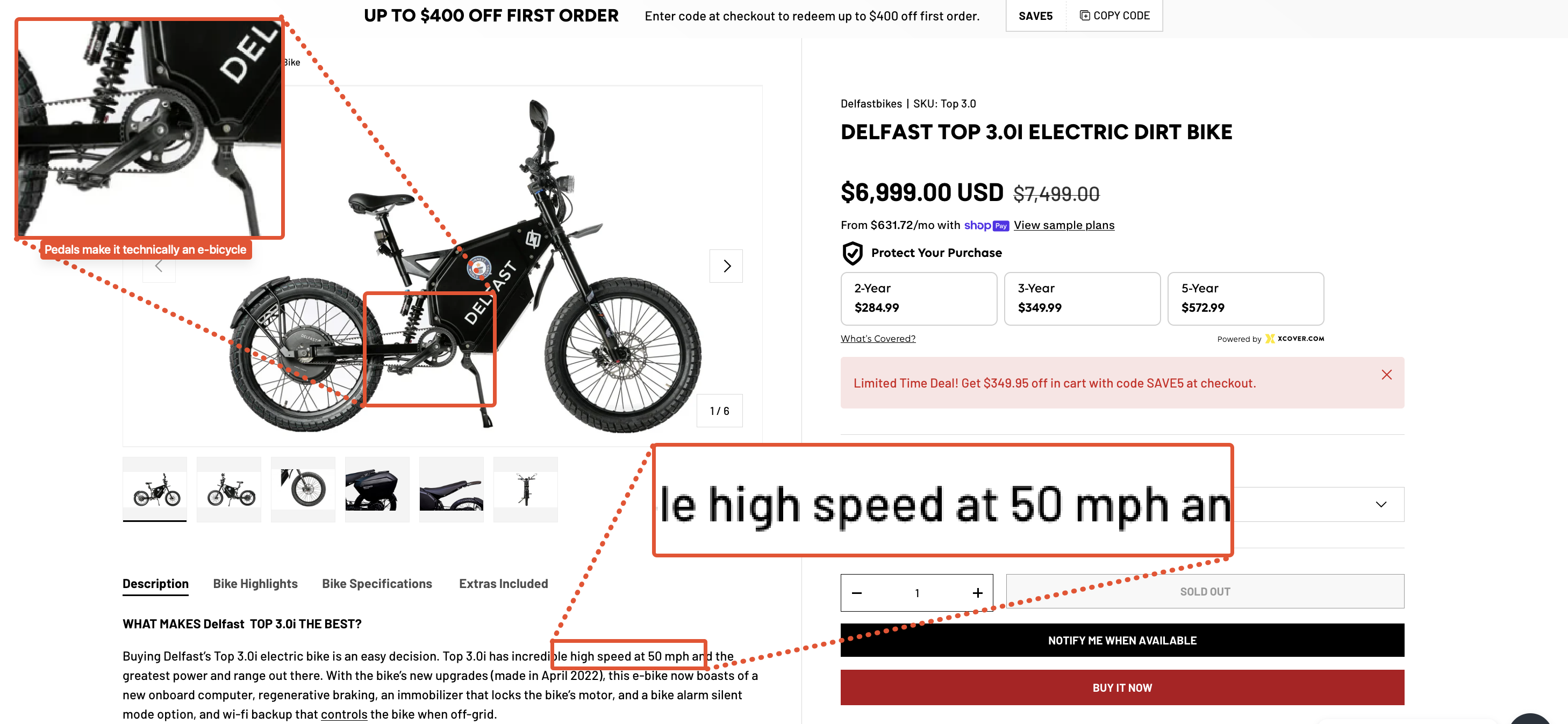 screenshot of e-bike store page, for a random e-bike that can go 50mph, looks like a motorcycle, but because it has a pair of bicycle pedals on it... it's fine apparently.